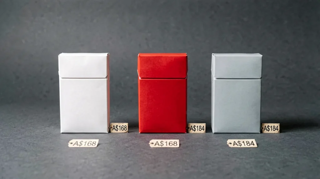 Generic adult cigarette cartons compared by current A$ catalogue price