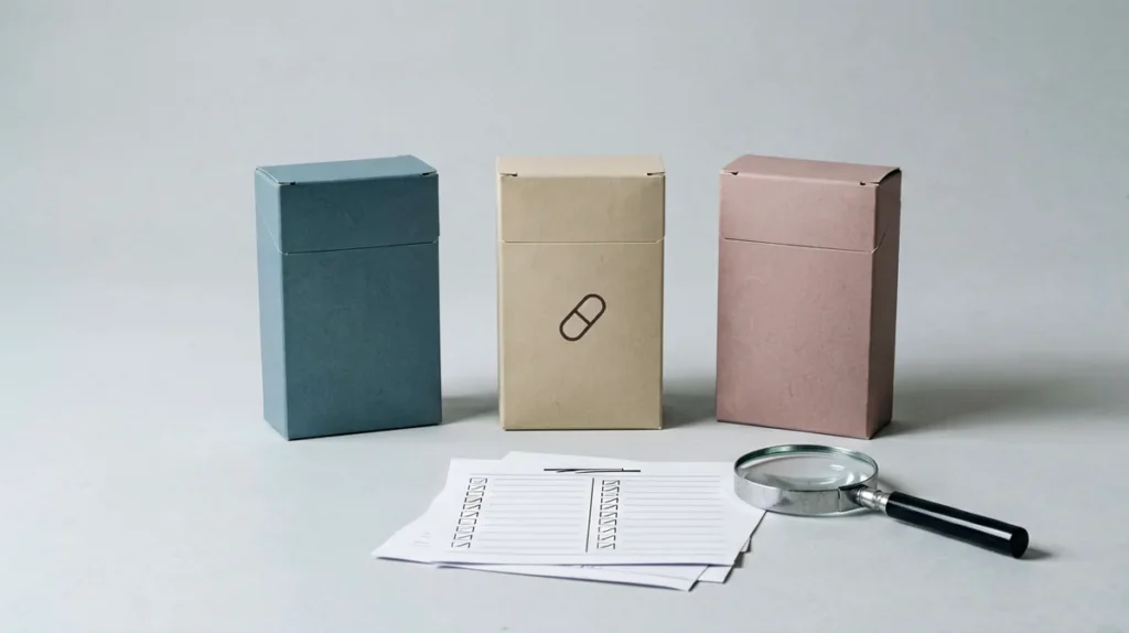 Neutral editorial comparison of three unbranded carton boxes and a checklist