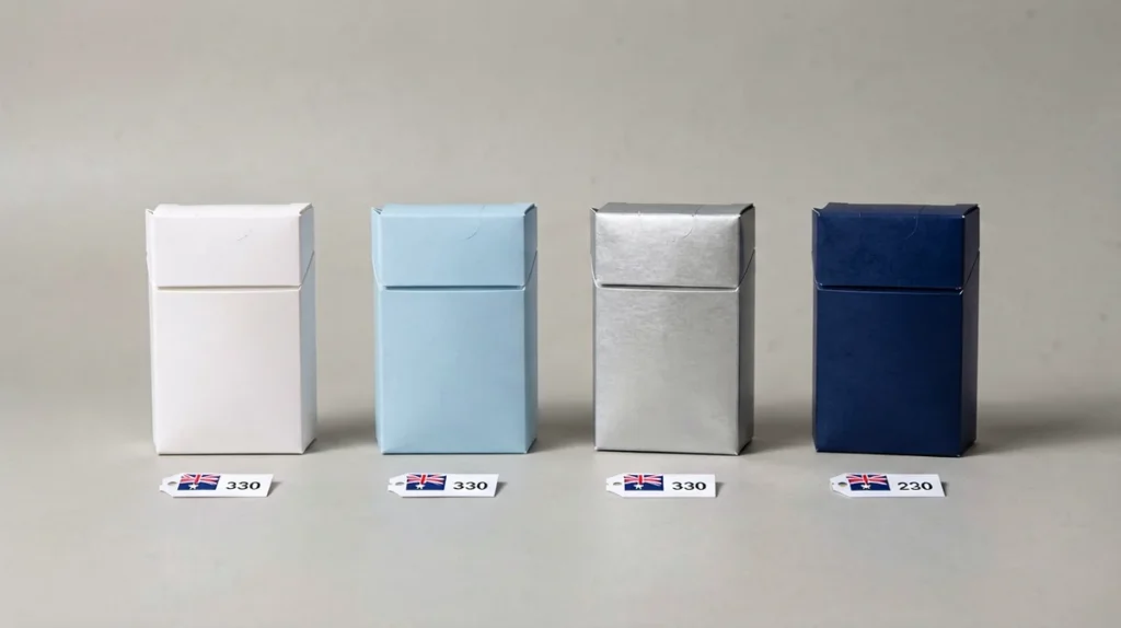 Four unbranded cigarette carton boxes arranged for an adult product comparison