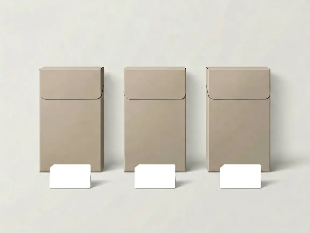 Unbranded editorial illustration of three neutral cigarette cartons with blank price tags on a clean background