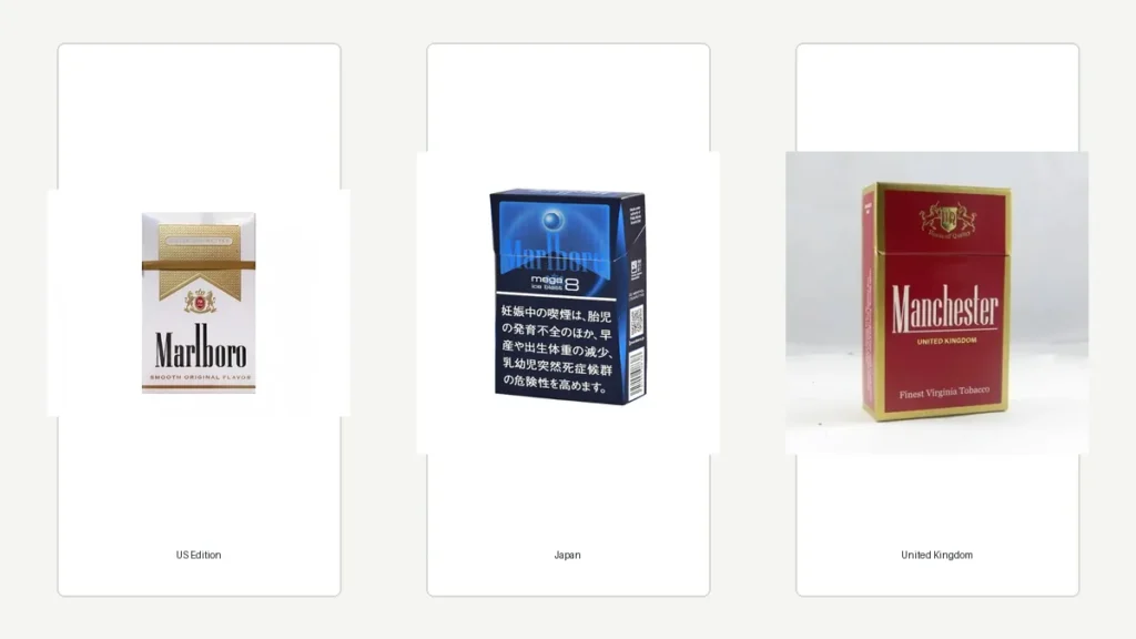 Three Yavexio catalogue product images with US Edition, Japan and United Kingdom listing labels