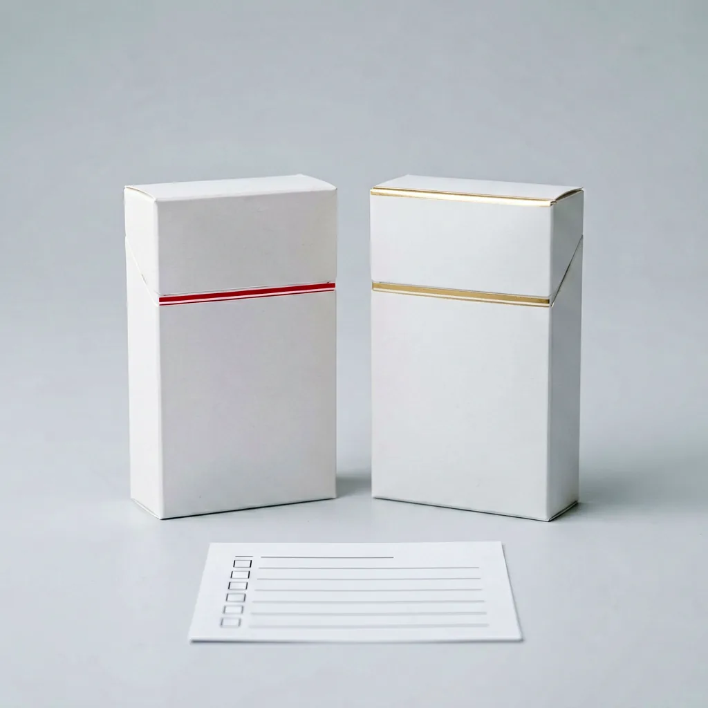 Two unbranded neutral cigarette cartons side by side with a comparison checklist card, editorial illustration for a Dunhill Red vs Marlboro Red carton decision guide
