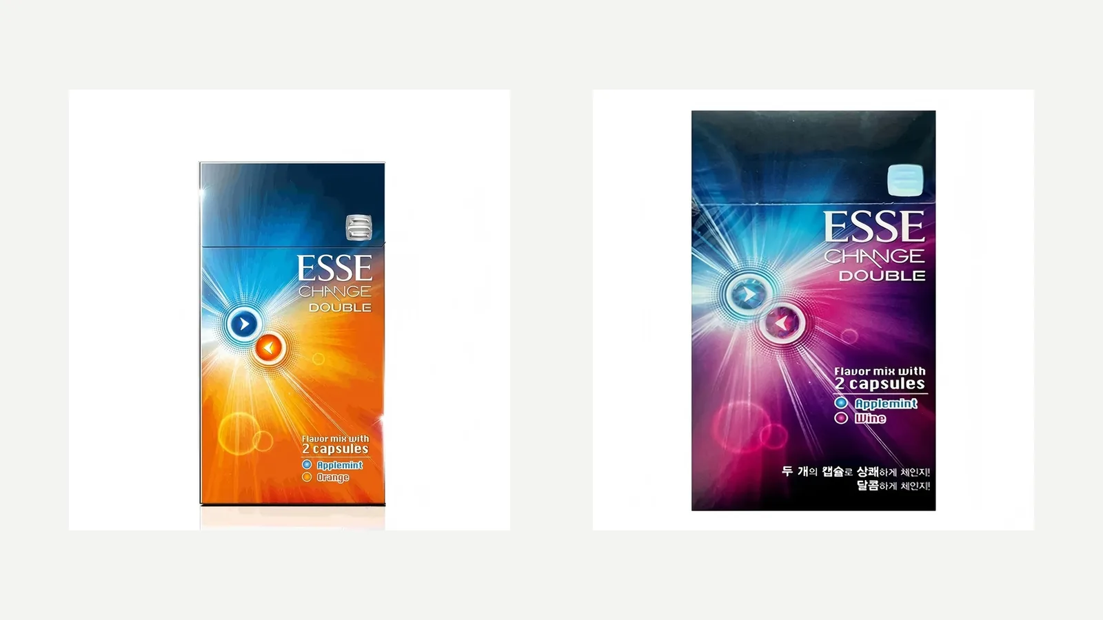 ESSE Change Double Applemint Orange and Wine carton listings side by side