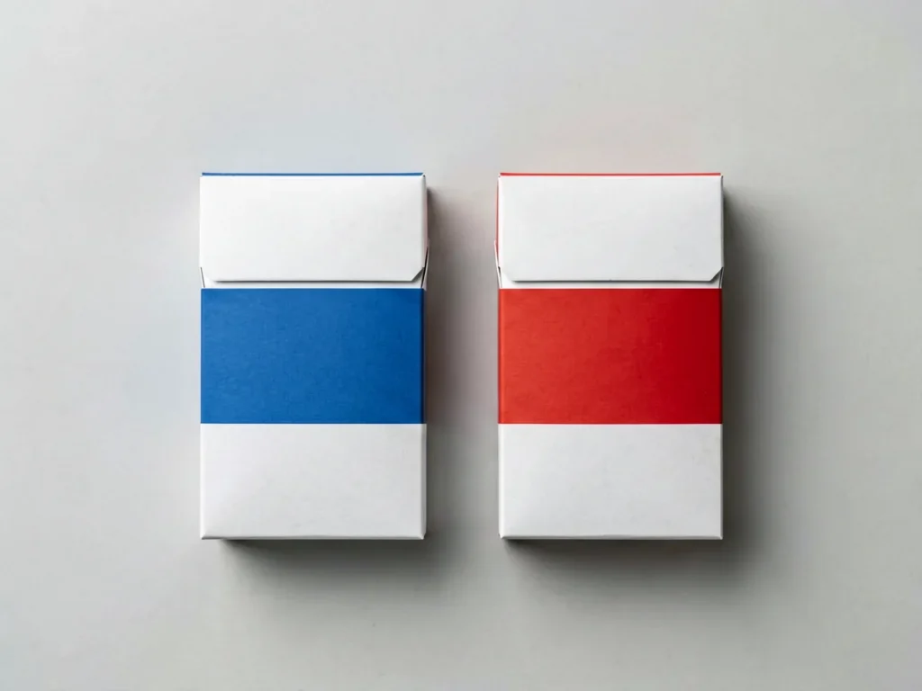 Two generic unbranded cigarette cartons side by side, illustrating the Manchester vs Marlboro carton comparison