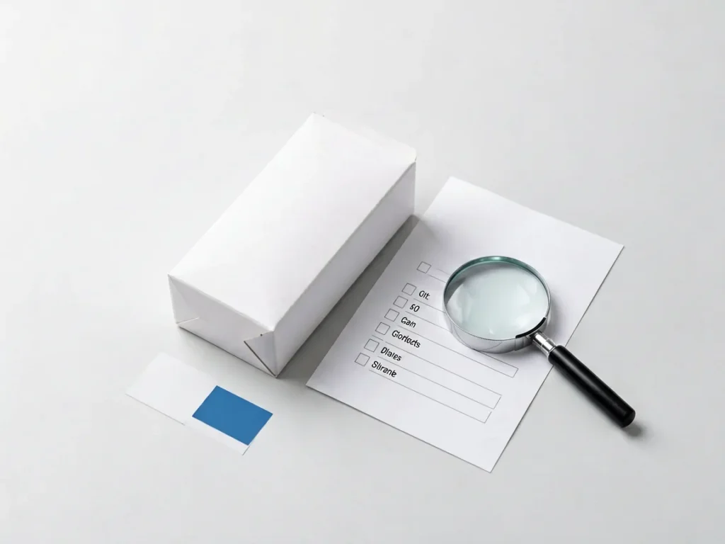 Unbranded carton package beside an inventory checklist and magnifying glass