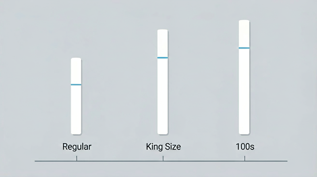 Unbranded illustration comparing regular, king size and 100s cigarette lengths for a catalogue terminology guide
