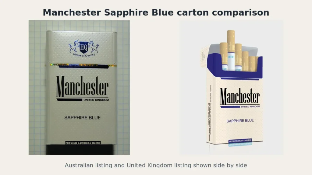 Manchester Sapphire Blue and United Kingdom Sapphire Blue carton listings shown side by side