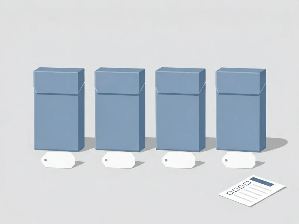 Unbranded editorial illustration of four neutral cigarette cartons with price tags and a checklist for the Marlboro carton price comparison guide