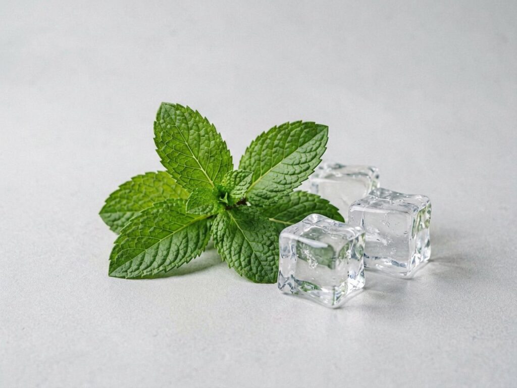 Fresh mint leaves and ice cubes illustrating the cooling menthol flavour described in cigarette listings