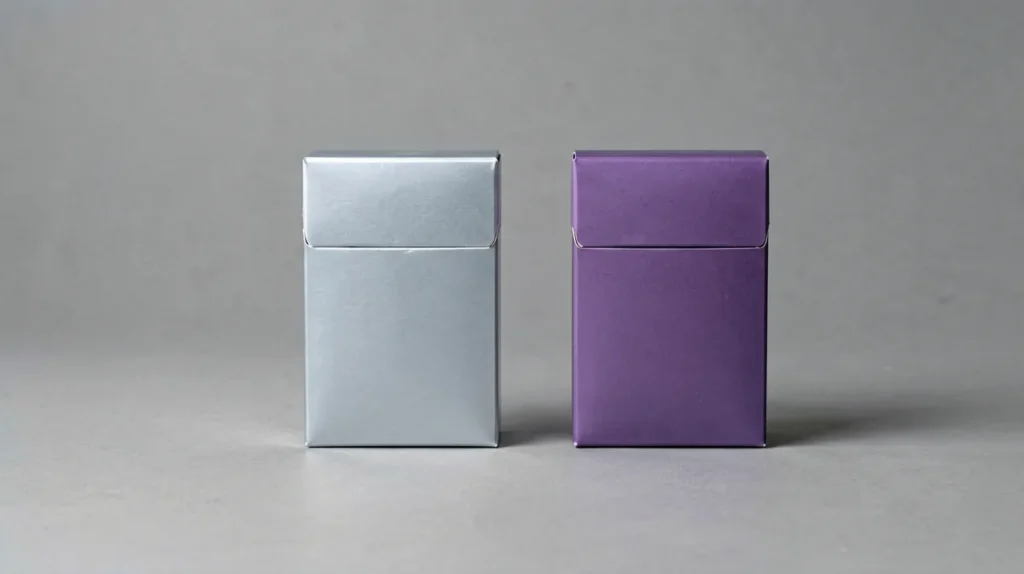 Two generic carton-sized boxes representing a MEVIUS Lights and Option Purple comparison