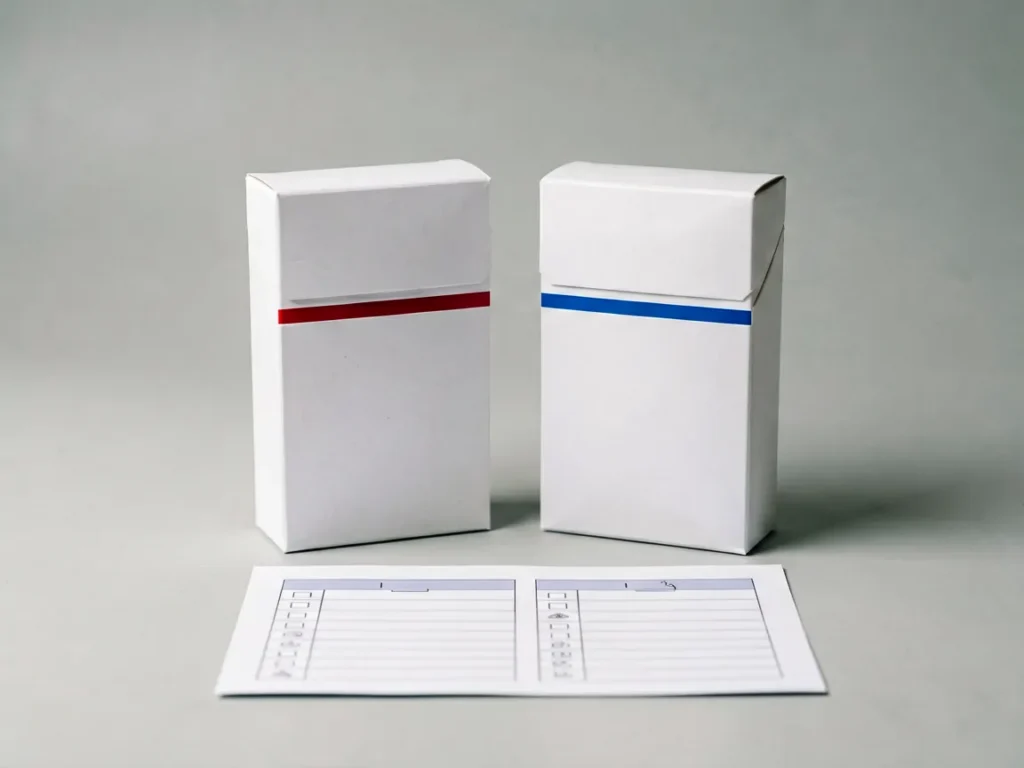 Two unbranded cartons beside a comparison checklist for a Mevius vs Marlboro carton ordering decision