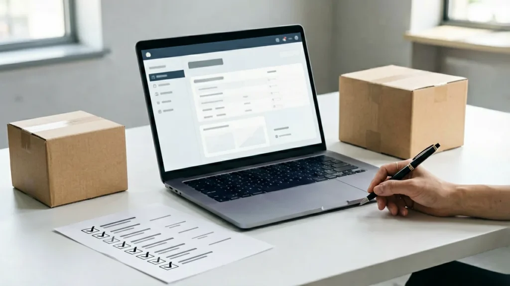 Adult customer reviewing an online order checklist and support details on a desk