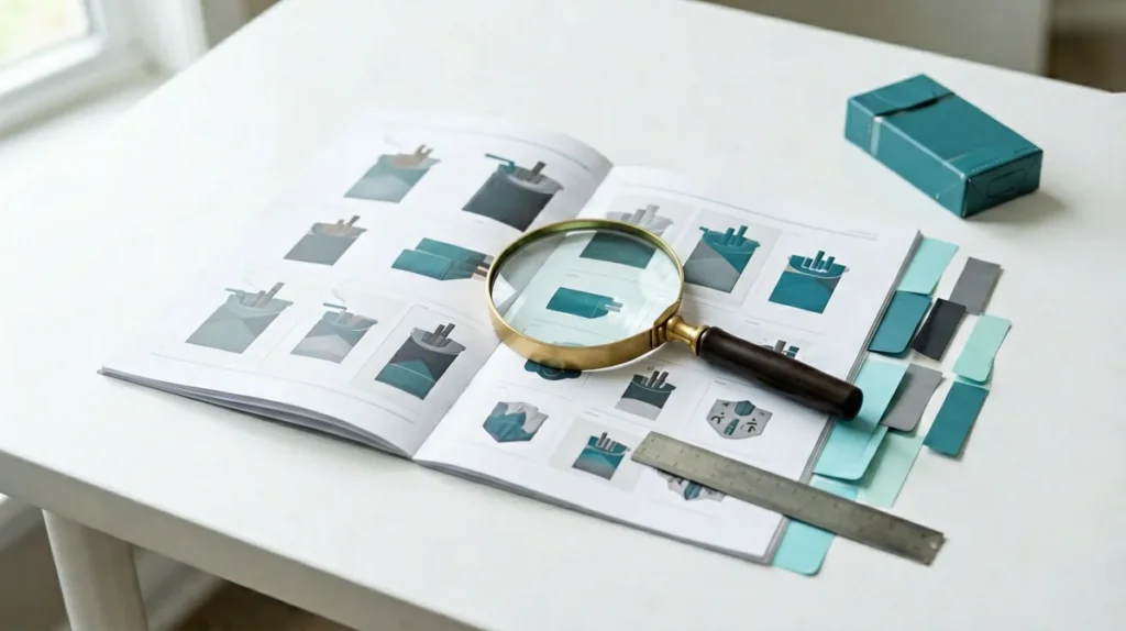 Neutral catalogue comparison sheet with a magnifying glass and ruler