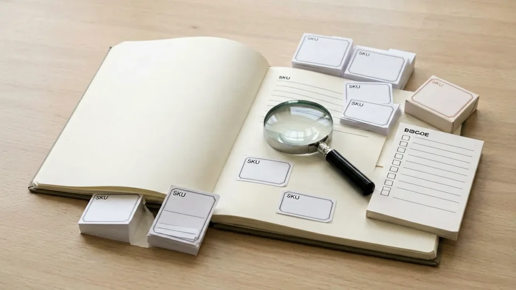 Catalogue notebook with neutral product labels and a magnifying glass