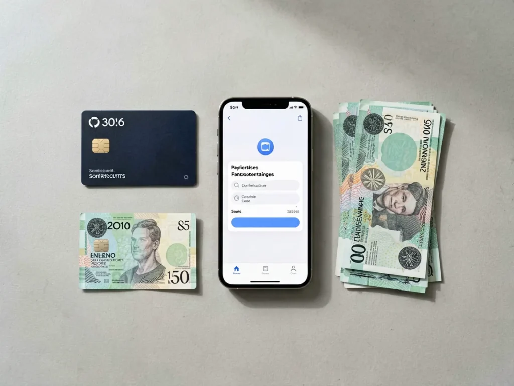 Editorial flat-lay of a credit card, a smartphone payment screen and Australian banknotes on a desk for the Yavexio payment methods guide